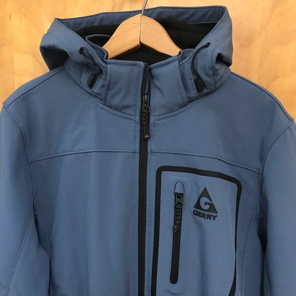 Gerry Mens Softshell Zip Jacket Slate Blue -Removable hood- sz Med